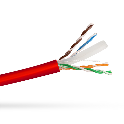 Close-up side view of the Red Cat6 LSZH cable jacket, showing the internal cables, rip cord, and separator.