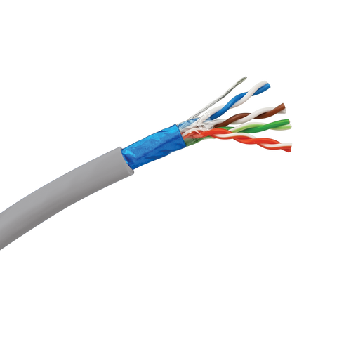 Close-up showing the internal construction of the grey Cat5e FTP Stranded cable, revealing the foil shielding, drain wire, and copper conductors.