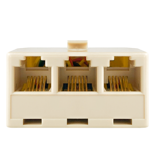 Front view of the RJ11 triple adaptor, clearly showing the three female telephone sockets.