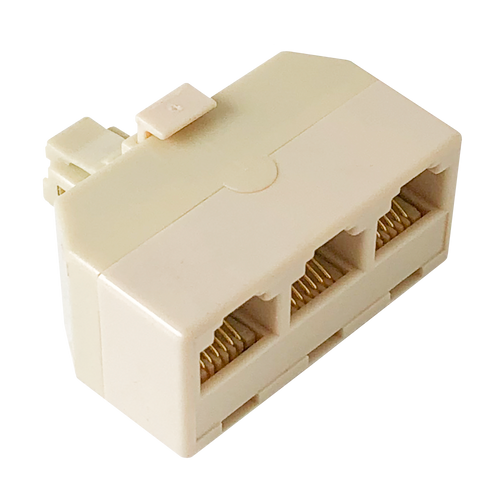 An angled top-down view of the triple adaptor, showing the male plug on the back and the three output sockets.