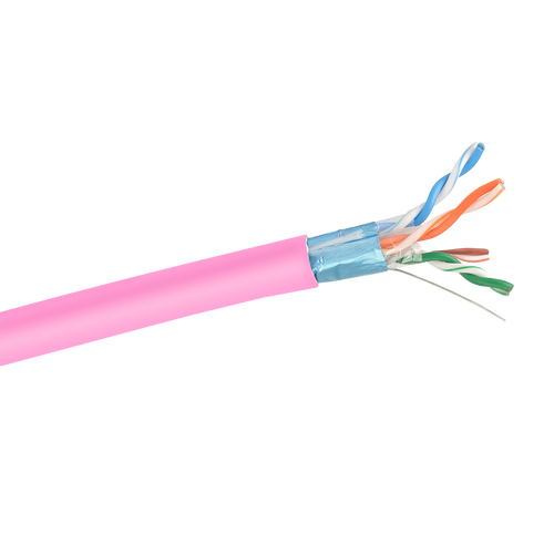 A side view of the internal construction of the pink Cat6 FTP cable, revealing the AI-foil shield, drain wire, separator, and twisted pairs.