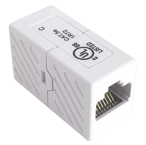 A side view of the compact, white Cat5e RJ45 female-to-female Ethernet cable coupler.