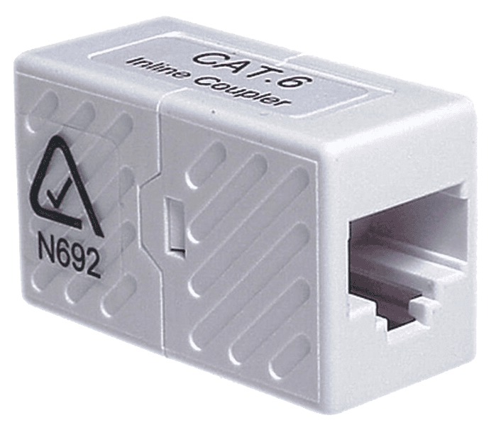 A side view of the high-performance, white Cat6 RJ45 female-to-female Ethernet cable coupler.