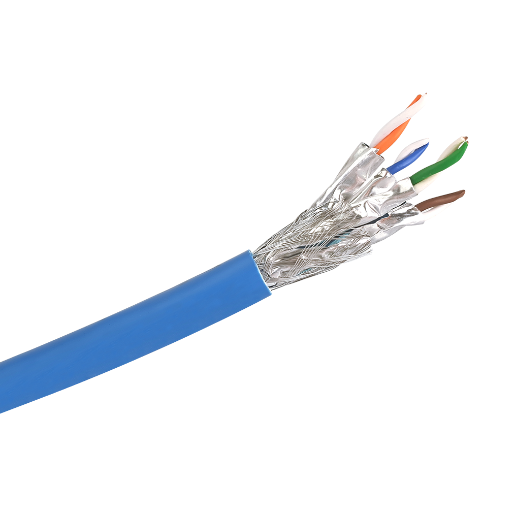 A side view close-up showing the premium construction of the Cat6a S/FTP cable, with its overall braid, foil-wrapped pairs, and blue LSZH jacket.