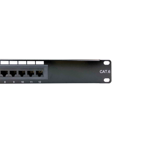 Close-up of a standard 19-inch rack mounting hole on the patch panel.