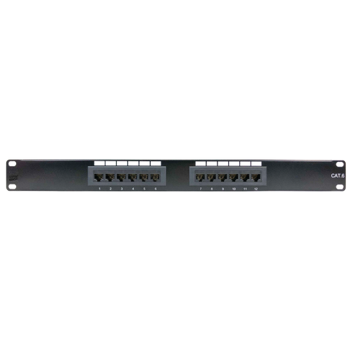 Front view of a 12-port Cat6 patch panel showing numbered RJ45 ports and rack mounting holes.