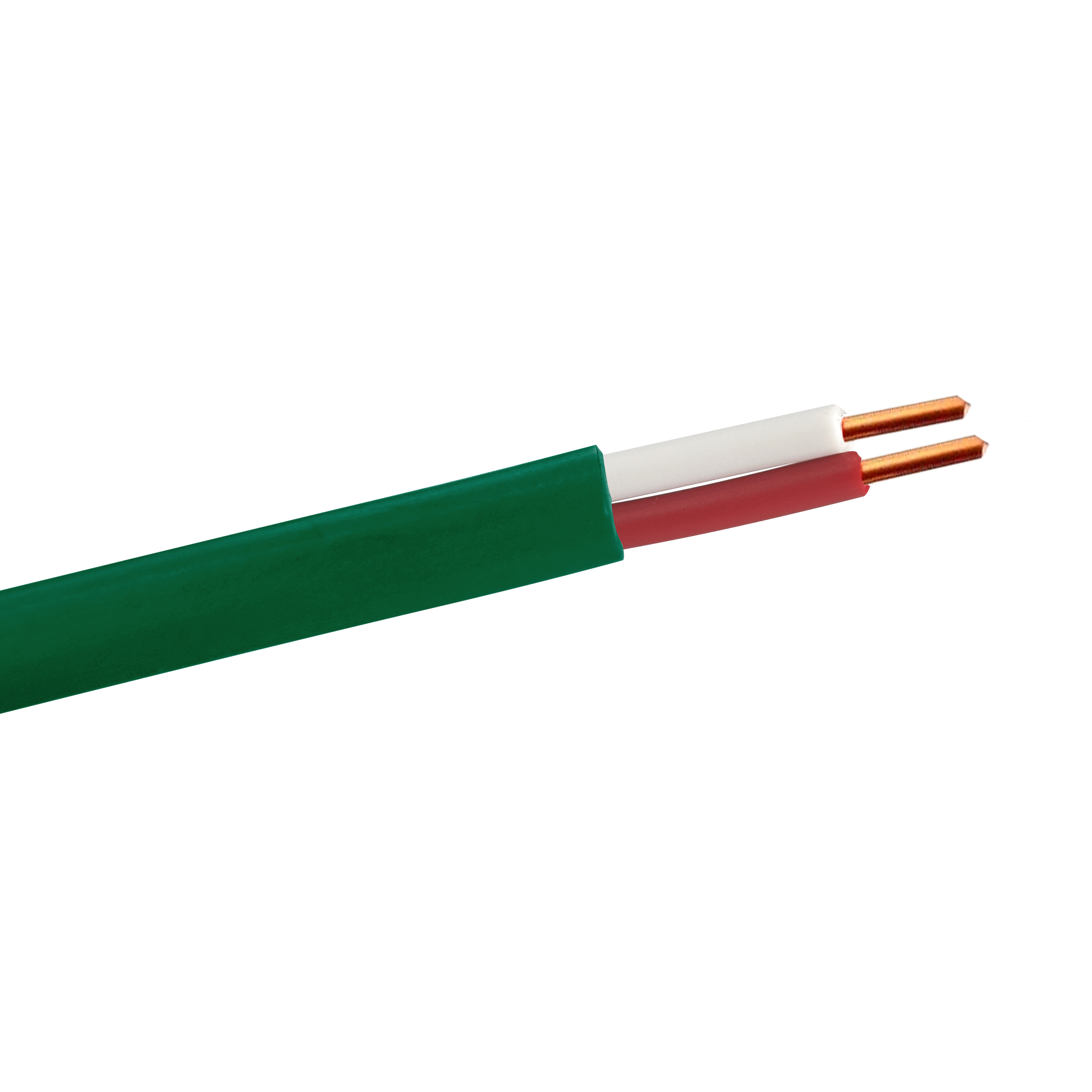 A close-up of the green heavy-duty intercom cable, showing the two internal solid copper conductors with their PE insulation.