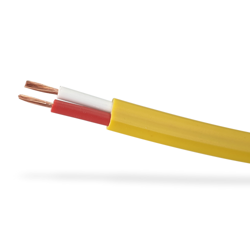 A close-up of the yellow double-insulated speaker cable, showing the internal red and white insulated copper conductors.