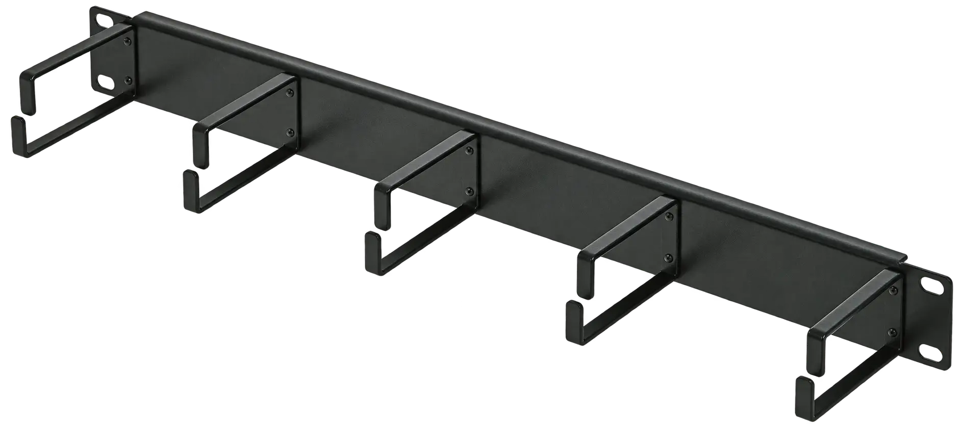 Angled view of a black steel 1RU cable management panel with five formed wire routing loops and mounting ears