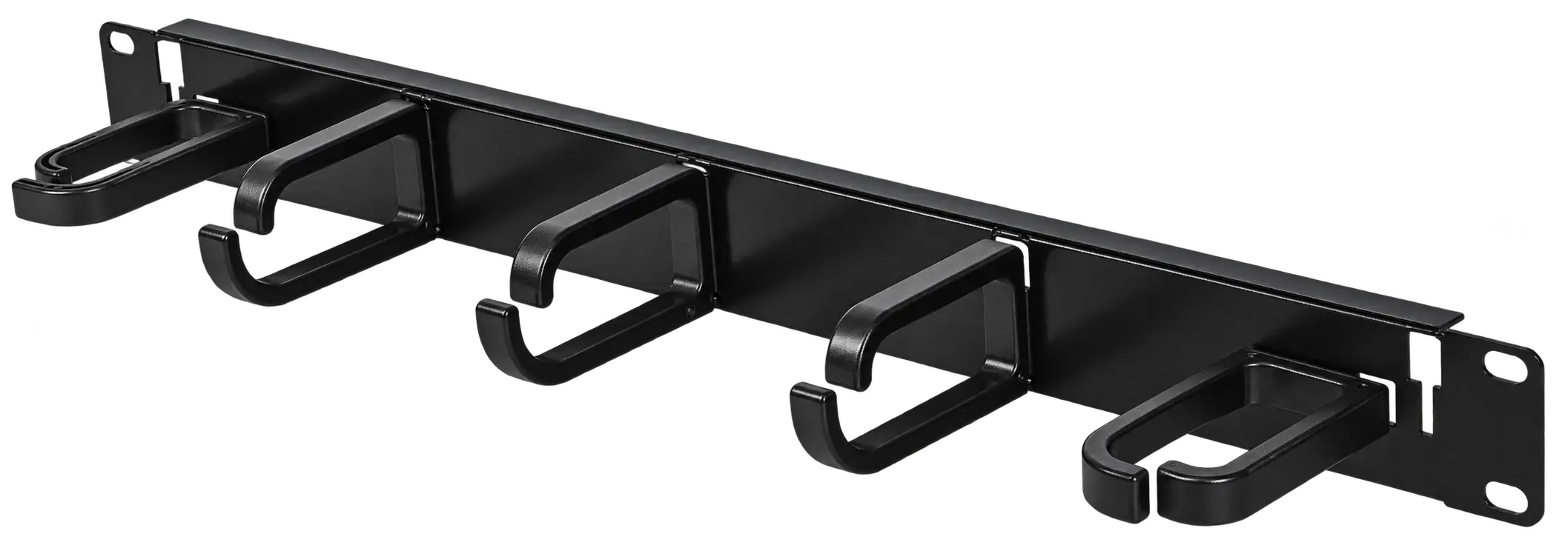 Side profile of a 1RU cable management panel showing a black ABS plastic routing ring projecting from the steel panel
