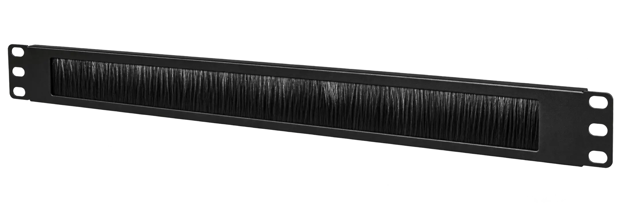 Angled view of a black steel 1RU brush panel with a dense full-length bristle strip for cable pass-through and mounting ears