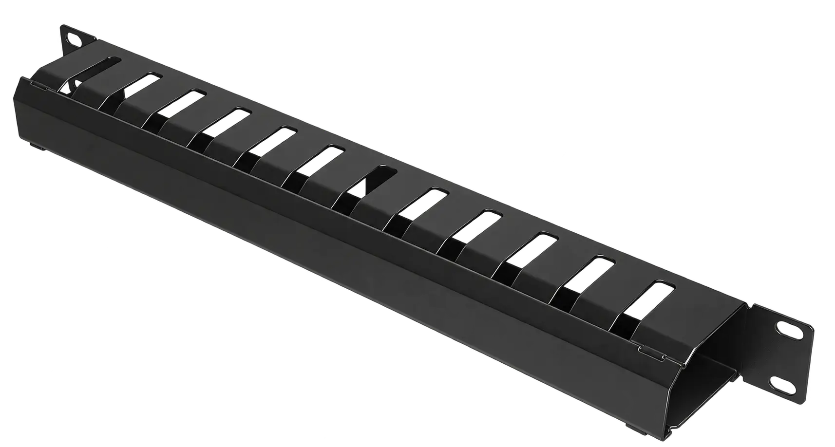 Angled view of the 1RU covered cable management panel, showing the slotted top, enclosed duct design and mounting ears