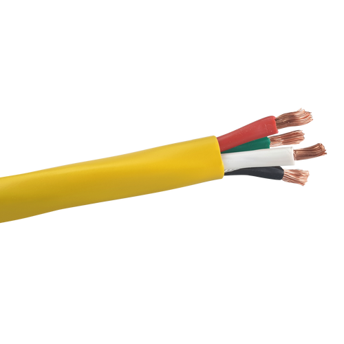 A close-up of the yellow jacketed 4-core speaker cable, showing the internal Red, White, Green, and Black insulated copper conductors.