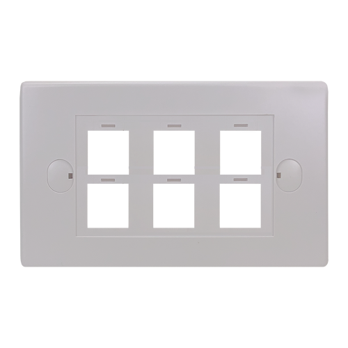 A direct front-on view of the 6-port keystone flush plate, showing the six unloaded keystone cutouts.