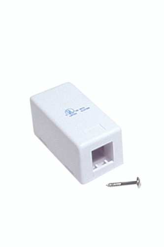 A side profile view of the single-port white keystone surface mount box, with a mounting screw alongside.