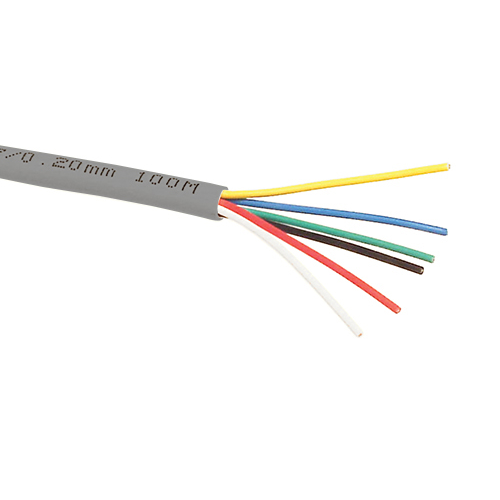 A close-up of the grey 6-core security cable, showing the six internal 7/0.20 stranded copper conductors within the PVC jacket.