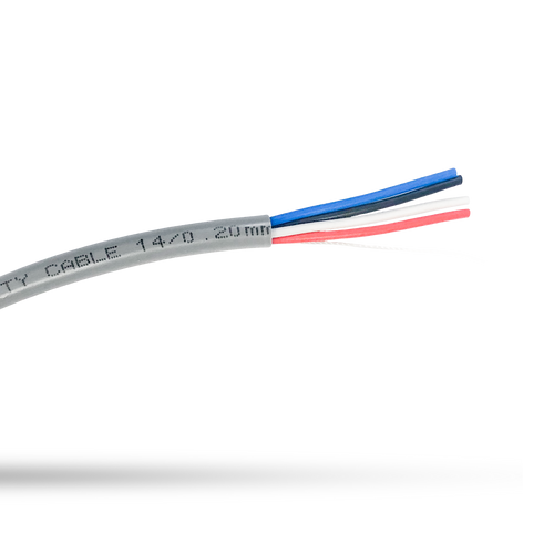 A close-up of the grey heavy-duty 4-core security cable, showing the internal cables.
