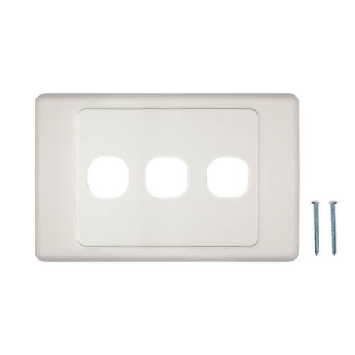 A top-down view of the 3-port Australian flush wall plate, showing the three cutouts and mounting screws.