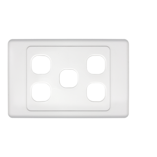 A top-down view of the 5-port Australian flush wall plate, showing the five cutouts and mounting screws.