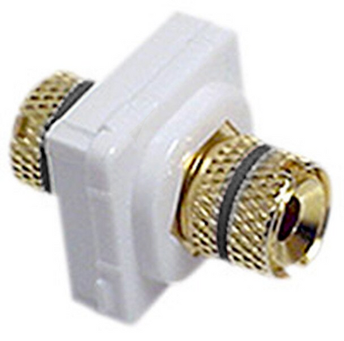 A detailed side view of the black speaker binding post terminal, showing the gold-plated front post and rear screw-down connector.