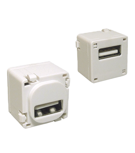 A side view of two white USB-A keystone couplers, showing the female ports on both ends.