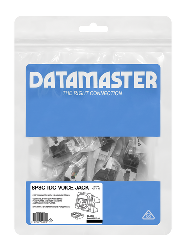 The 50-pack of black 8P4C voice jacks in their branded Datamaster bag.