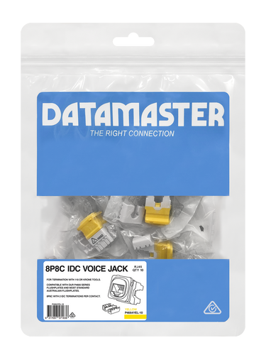 The 50-pack of yellow 8P4C voice jacks in their branded Datamaster bag.