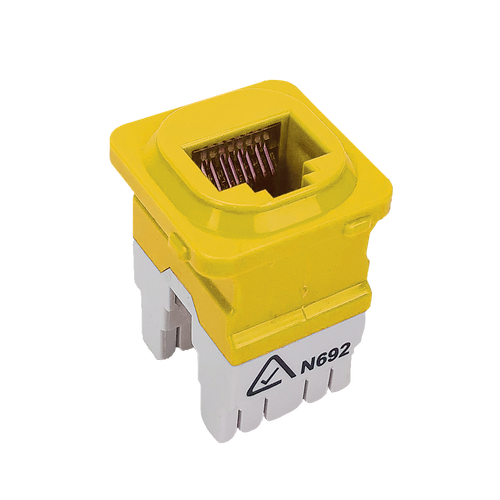 A side profile view of the yellow 8P4C voice-grade IDC keystone jack.