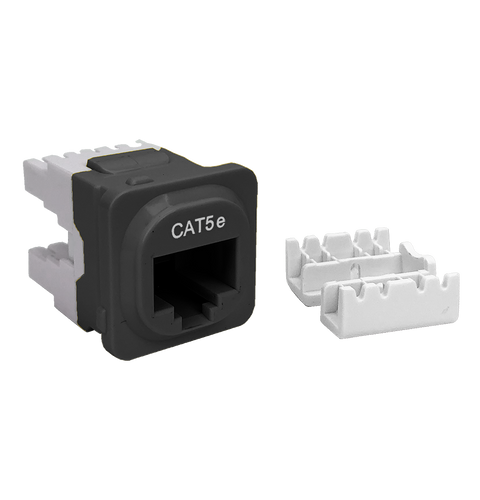 A side profile of the black Cat5e IDC data jack, showing the termination block cover.