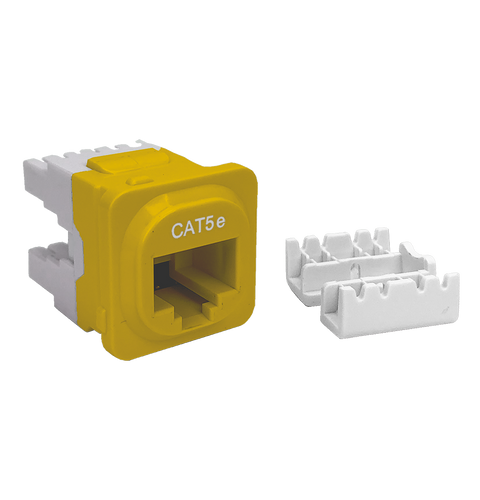 A side profile of the yellow Cat5e IDC data jack, showing the termination block cover.