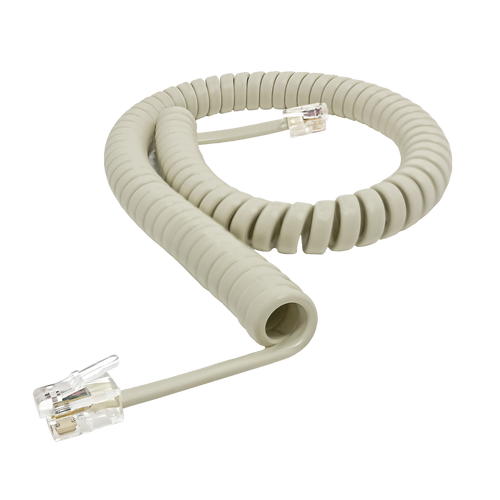 An alternative side view of the coiled ash grey handset cord.