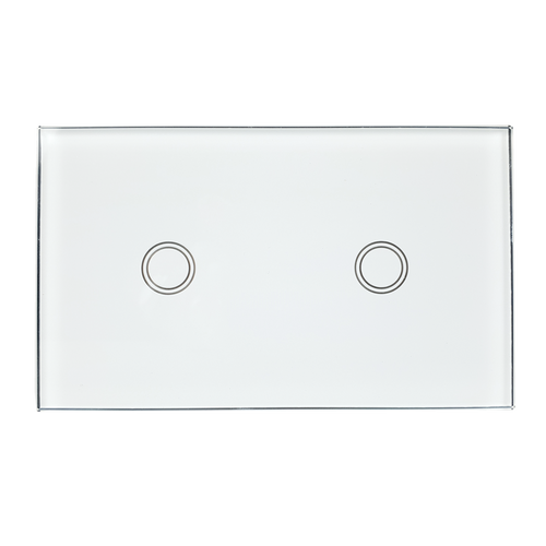 A direct front-on view of the 2-gang touch light switch, showing the two circular touch points.