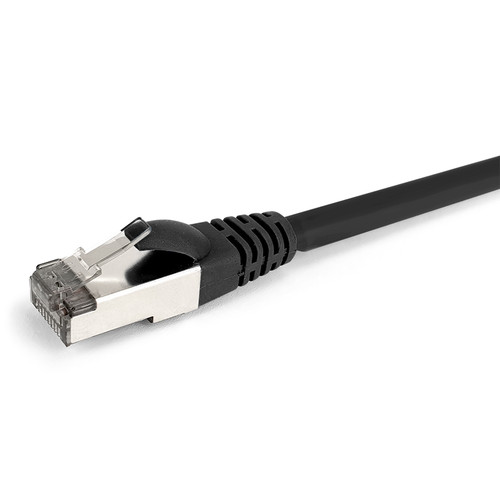 Close-up side view of the shielded RJ45 connector and Black LSZH jacket on a 10m Datamaster Cat6a S/FTP patch cable.