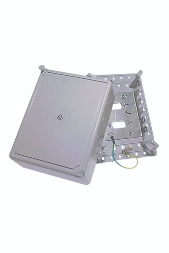 A front view of the open 100-pair IDF distribution box, showing the cover, internal module mounting brackets, and jumper rings.