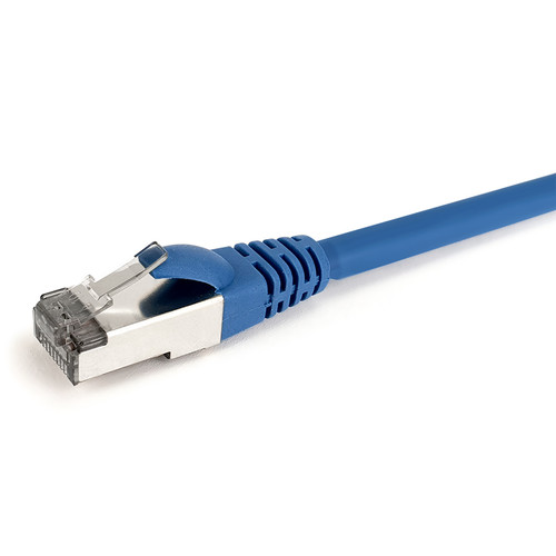 Close-up side view of the shielded RJ45 connector and Blue LSZH jacket on a 30m Datamaster Cat6a S/FTP patch cable.
