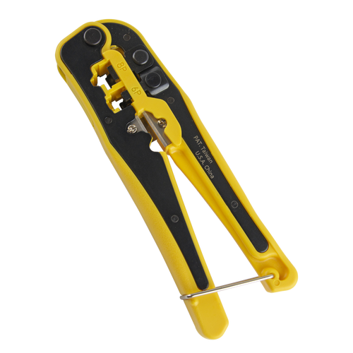 A direct front-on view of the 3-in-1 modular crimp, cut, and strip tool.