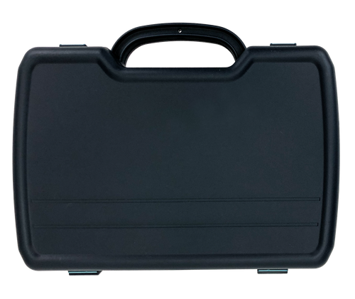 A front view of the closed, blue hard-shell carry case for the ratchet tool kit.