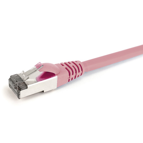 Close-up side view of the shielded RJ45 connector and Pink LSZH jacket on a 2.5m Datamaster Cat6a S/FTP patch cable.