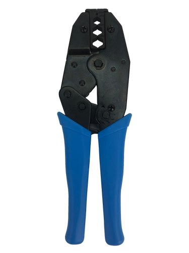 A front-on view of the coaxial hex crimp tool, showing the multi-sized die head.