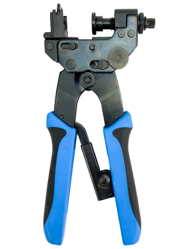 A front-on view of the open heavy-duty compression tool for RG11 coaxial cable.