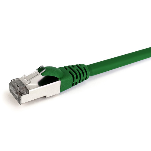 Close-up side view of the shielded RJ45 connector and Green LSZH jacket on a 2m Datamaster Cat6a S/FTP patch cable.
