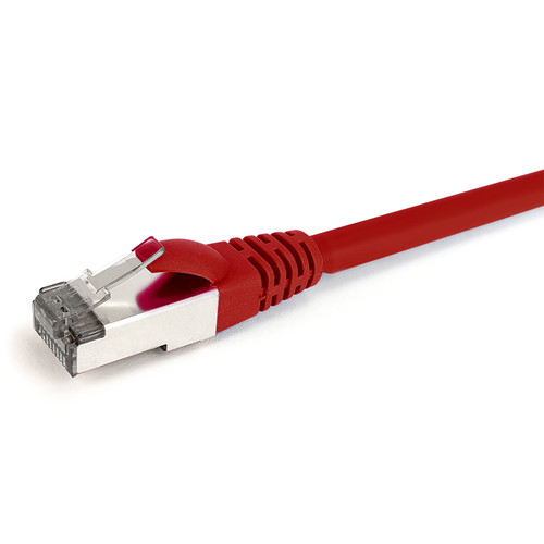 Close-up side view of the shielded RJ45 connector and Red LSZH jacket on a 2m Datamaster Cat6a S/FTP patch cable.