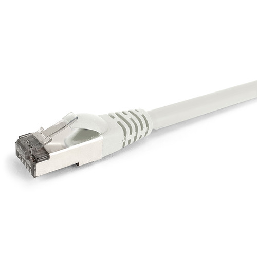 Close-up side view of the shielded RJ45 connector and White LSZH jacket on a 2m Datamaster Cat6a S/FTP patch cable.