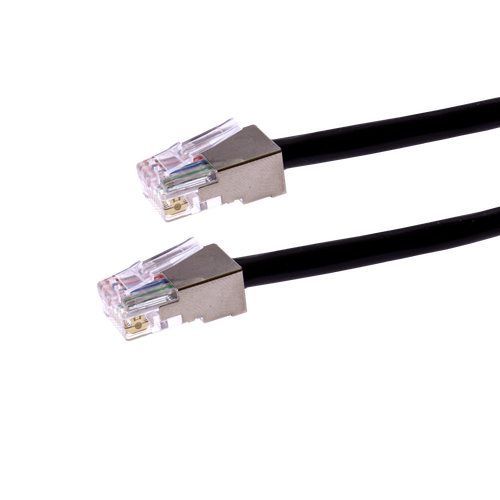 Profile view of the 2m black Cat5e shielded outdoor patch cable, showing the moulded RJ45 plug and the durable, UV-stabilised jacket.