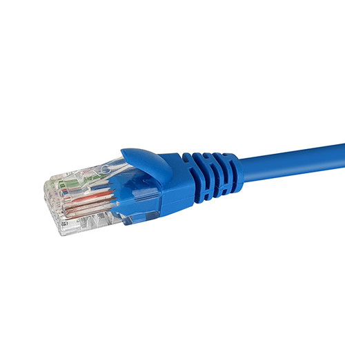 Close-up profile of the RJ45 connector and Blue jacket on a 2m Datamaster Cat6 U/UTP patch cable.