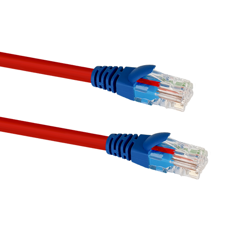 Close-up side profile of the blue snagless boot and red jacket on a 1m Datamaster Cat6 Crossover Cable.