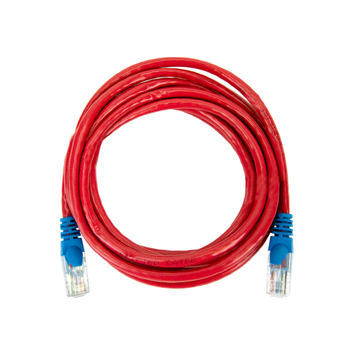 Top-down view of the coiled 2m red Datamaster Cat6 Crossover Cable with its distinctive blue boots visible.
