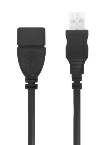 A top-down view of the 2-metre black USB extension cable, showing the male USB-A plug and the female USB-A socket.