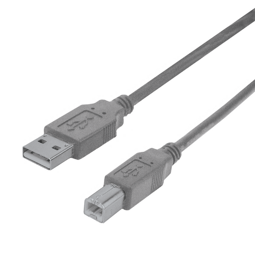 A side view of the ash grey USB-A to USB-B printer cable.