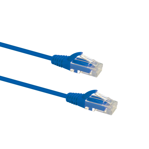 Profile view of the snagless boot on the 10m blue Datamaster slim Cat6 patch cable, highlighting its ultra-thin design.